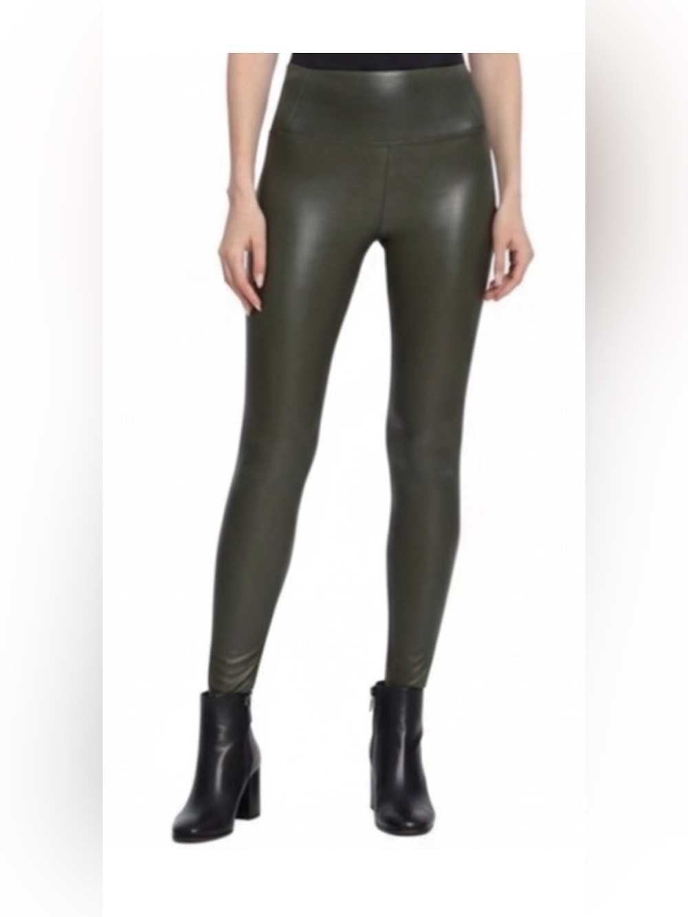 Faux Leather High-Rise Leggings in Olive Green